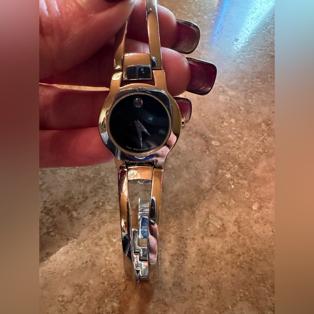 Movado bangle watch. Silver w black face. (Needs battery)